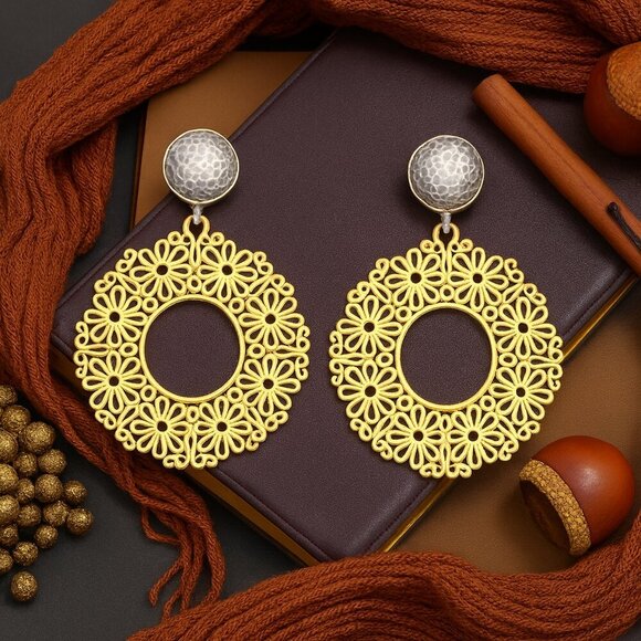 🆕️Turkish 18K Gold Plated Brass Filigree Statement Earrings Handmade by Experts - Picture 1 of 12